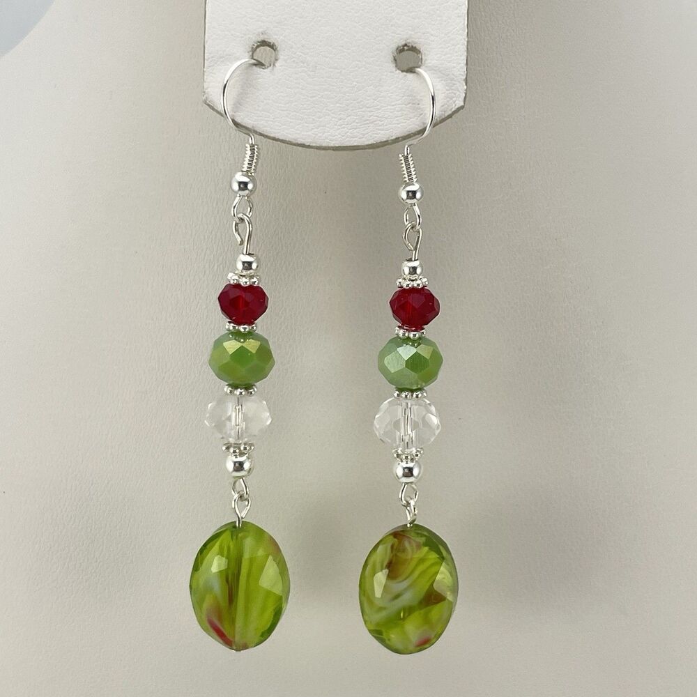 Silver Plated Green Red White Glass Beaded Dangle Earrings Artisan New Boho